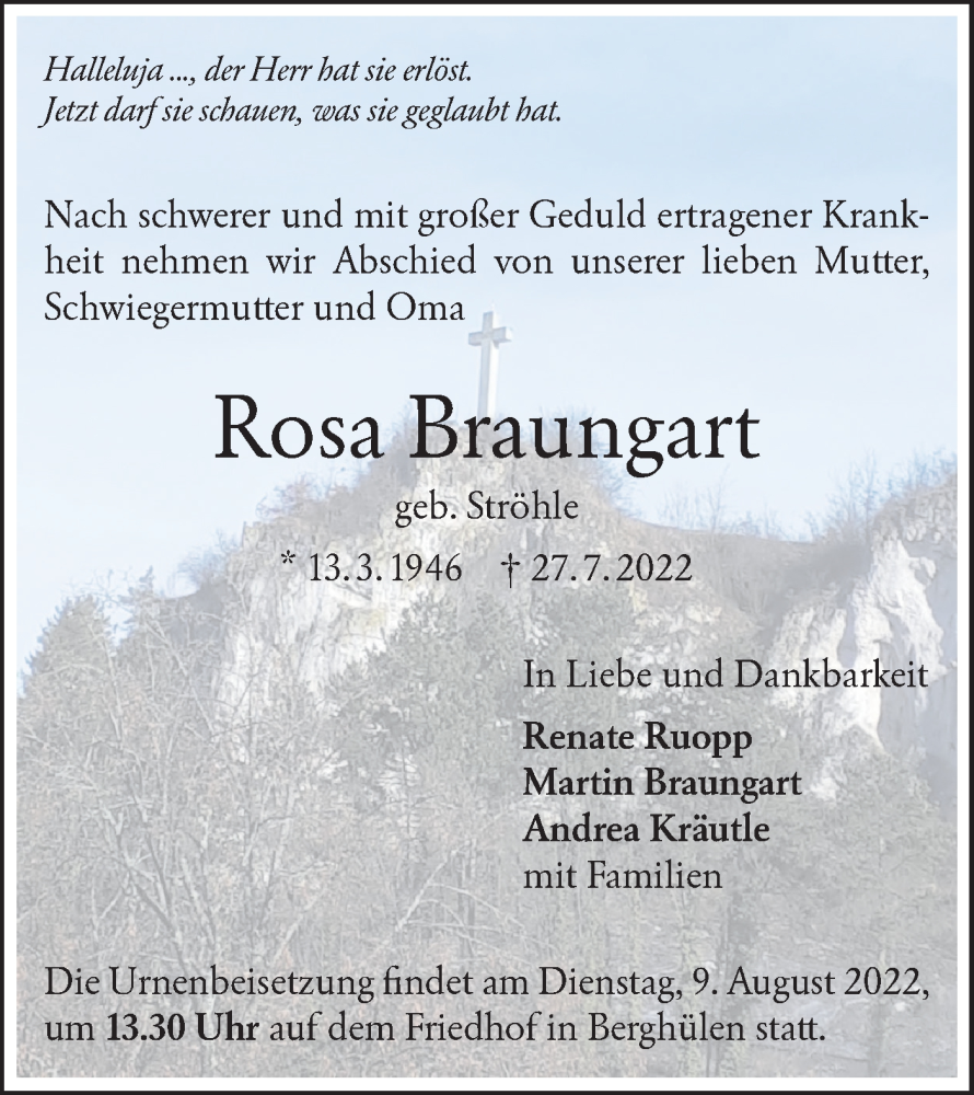  Traueranzeige für Rosa Braungart vom 06.08.2022 aus SÜDWEST PRESSE Ausgabe Ulm/Neu-Ulm