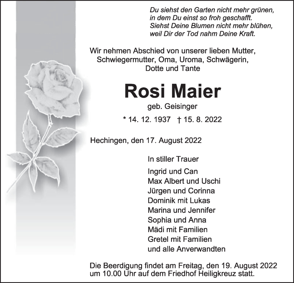  Traueranzeige für Rosi Maier vom 17.08.2022 aus Metzinger-Uracher Volksblatt