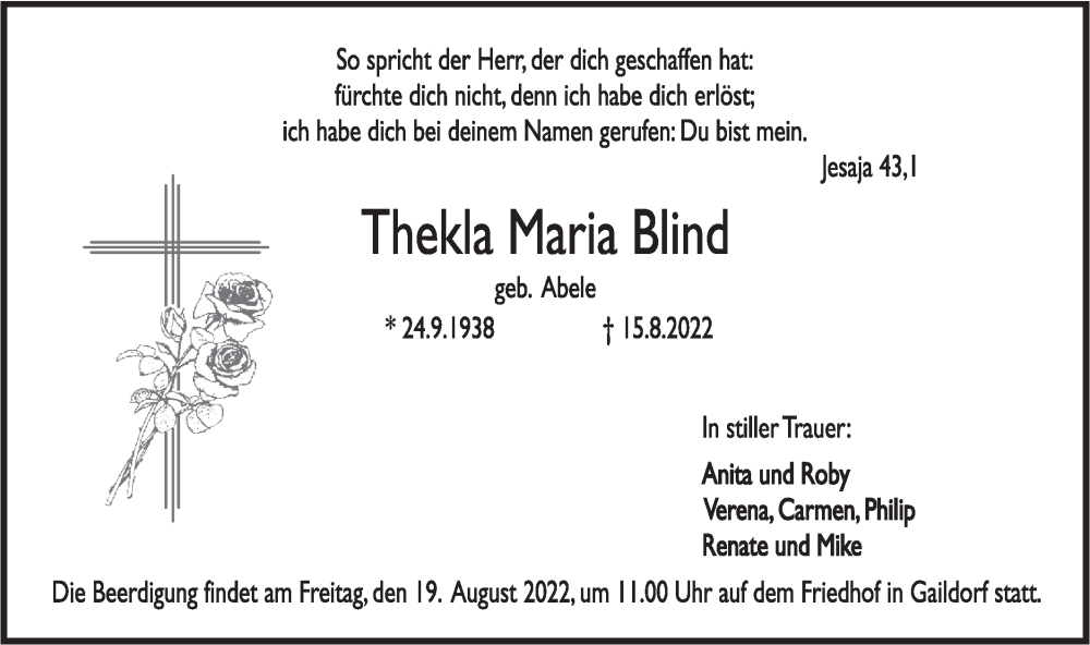  Traueranzeige für Thekla Maria Blind vom 17.08.2022 aus Rundschau Gaildorf
