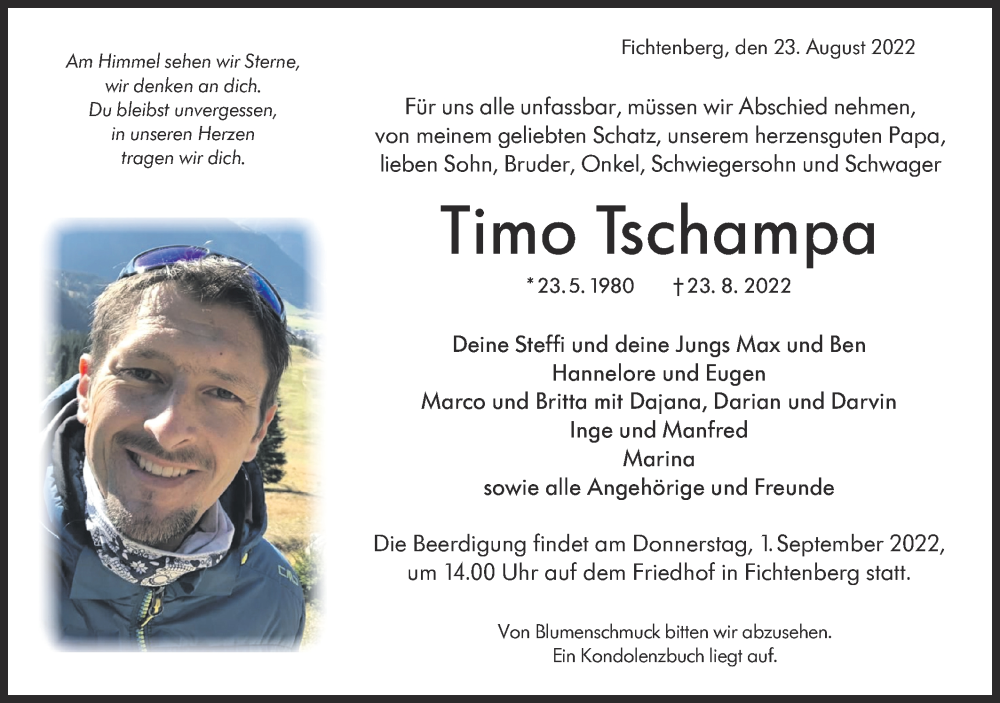  Traueranzeige für Timo Tschampa vom 27.08.2022 aus Rundschau Gaildorf