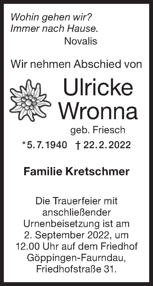 Traueranzeige von Ulricke Wronna von NWZ Neue Württembergische Zeitung