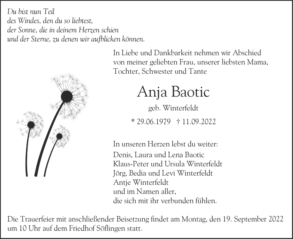  Traueranzeige für Anja Baotic vom 17.09.2022 aus SÜDWEST PRESSE Ausgabe Ulm/Neu-Ulm