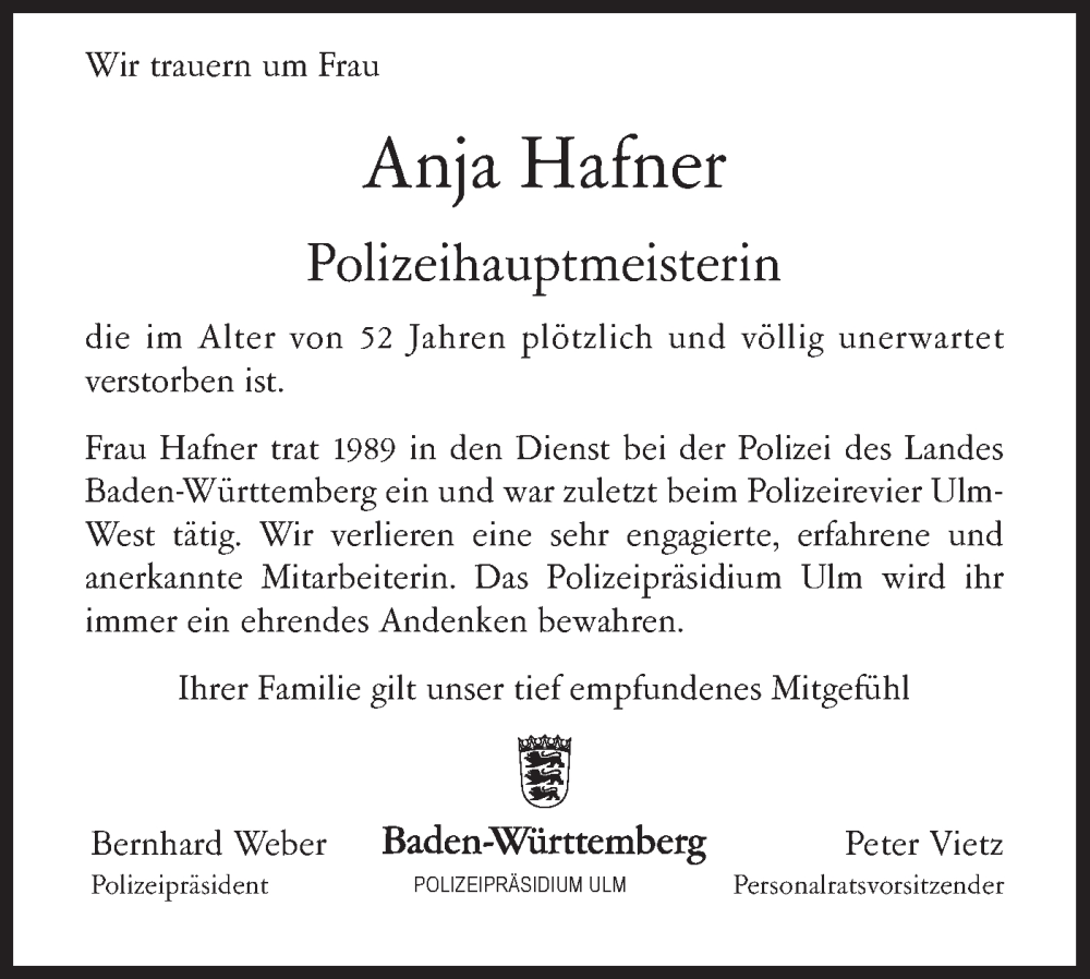  Traueranzeige für Anja Hafner vom 17.09.2022 aus SÜDWEST PRESSE Ausgabe Ulm/Neu-Ulm
