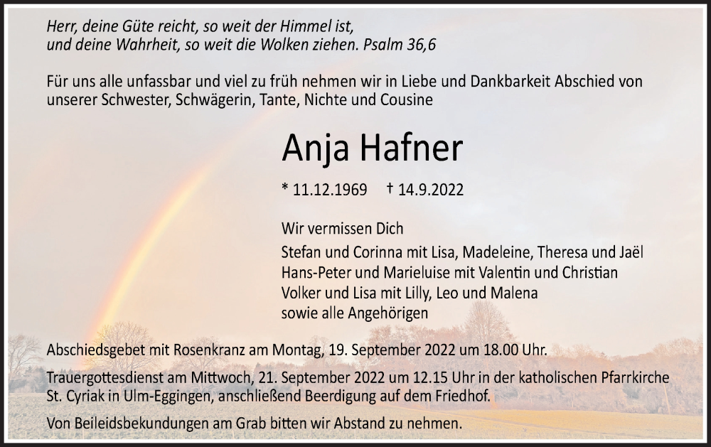  Traueranzeige für Anja Hafner vom 17.09.2022 aus SÜDWEST PRESSE Ausgabe Ulm/Neu-Ulm