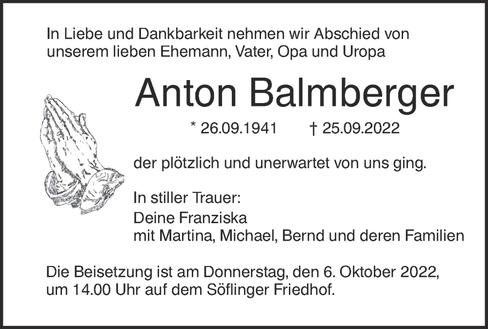  Traueranzeige für Anton Balmberger vom 01.10.2022 aus SÜDWEST PRESSE Ausgabe Ulm/Neu-Ulm