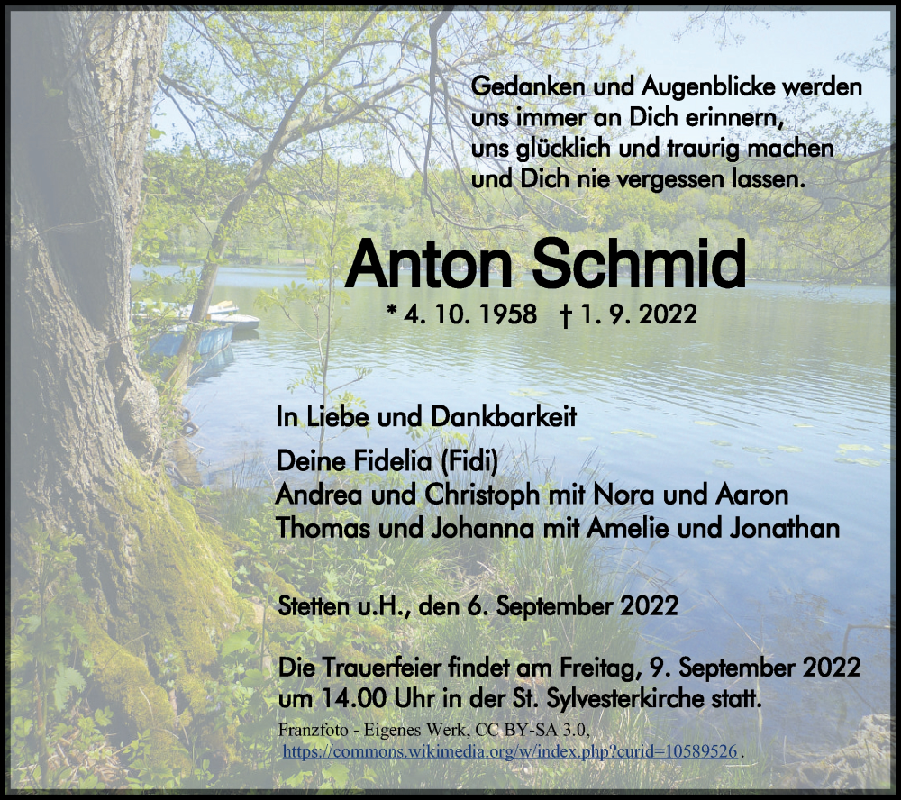  Traueranzeige für Anton Schmid vom 06.09.2022 aus Metzinger-Uracher Volksblatt