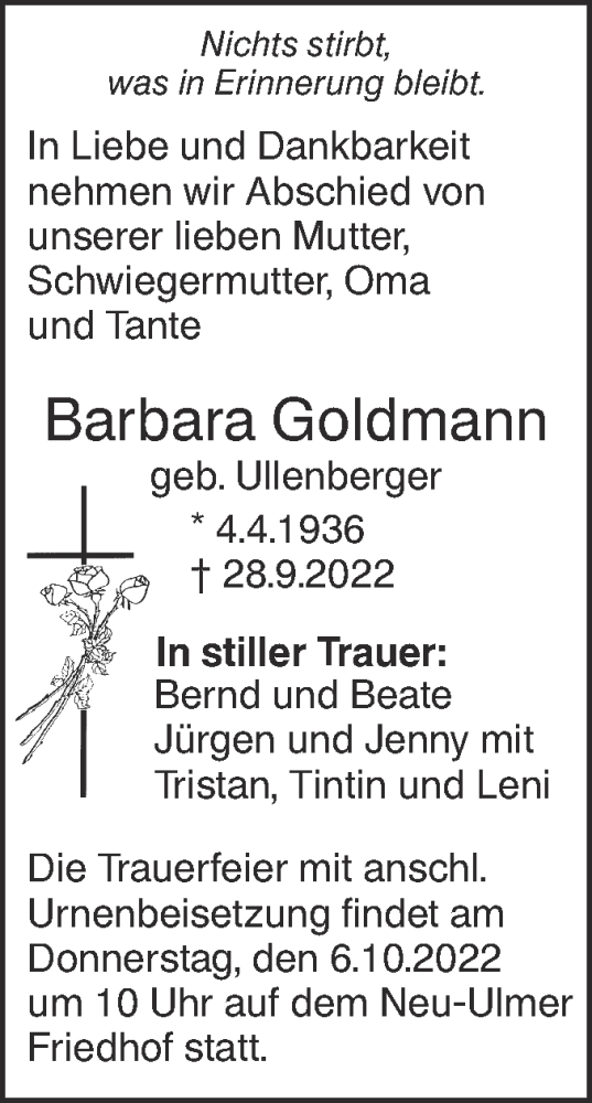  Traueranzeige für Barbara Goldmann vom 01.10.2022 aus SÜDWEST PRESSE Ausgabe Ulm/Neu-Ulm