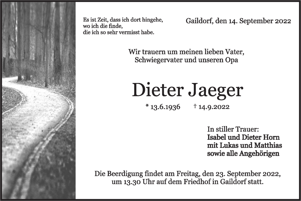  Traueranzeige für Dieter Jaeger vom 22.09.2022 aus Rundschau Gaildorf