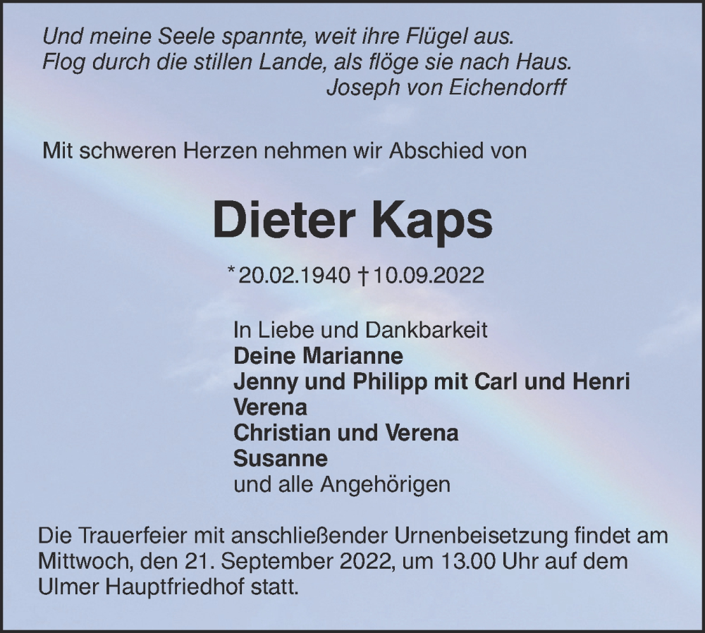  Traueranzeige für Dieter Kaps vom 16.09.2022 aus SÜDWEST PRESSE Ausgabe Ulm/Neu-Ulm