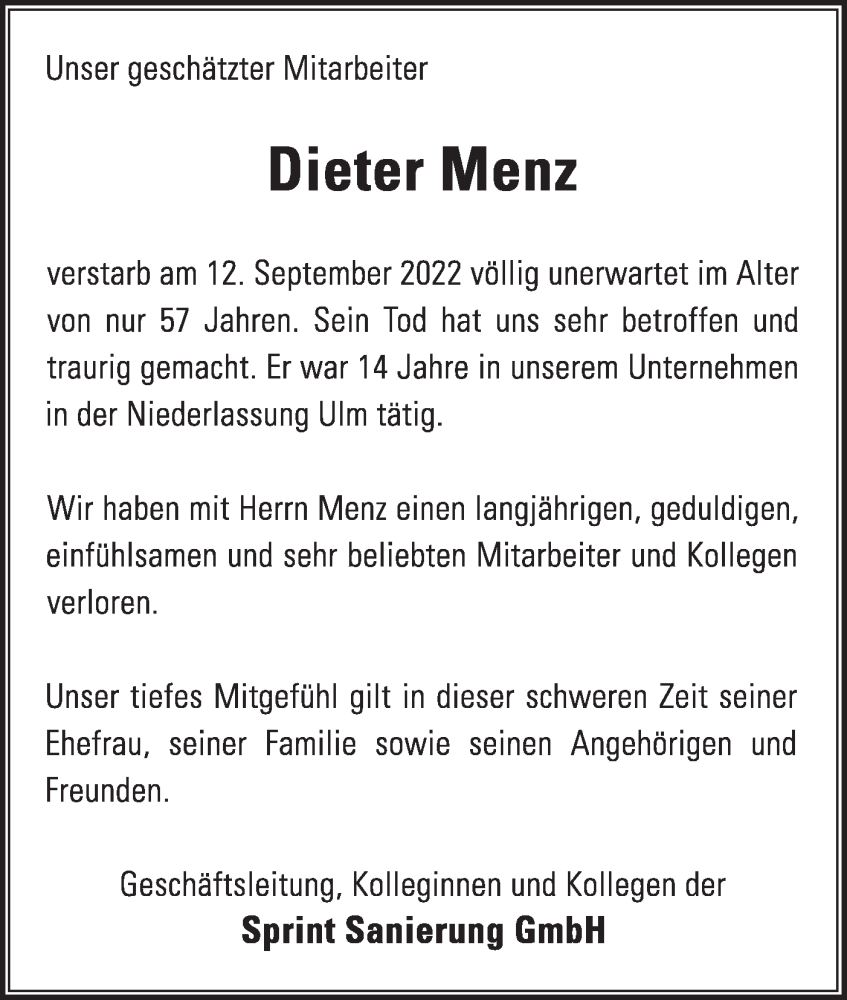  Traueranzeige für Dieter Menz vom 21.09.2022 aus SÜDWEST PRESSE Ausgabe Ulm/Neu-Ulm