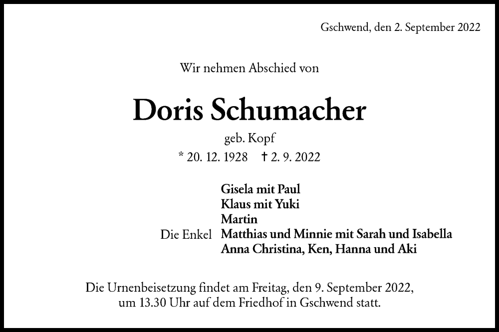  Traueranzeige für Doris Schumacher vom 07.09.2022 aus Rundschau Gaildorf