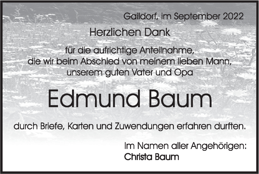  Traueranzeige für Edmund Baum vom 01.10.2022 aus Rundschau Gaildorf
