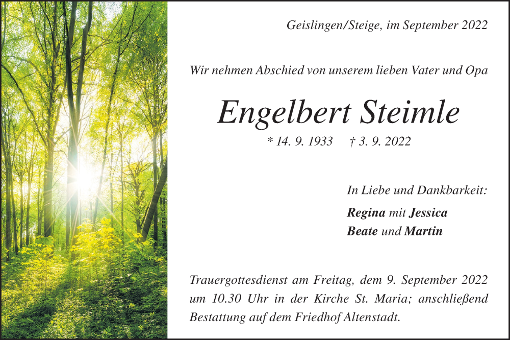  Traueranzeige für Engelbert Steimle vom 07.09.2022 aus Geislinger Zeitung