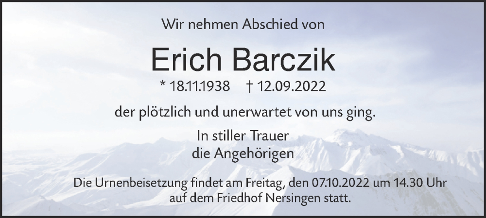  Traueranzeige für Erich Barczik vom 01.10.2022 aus SÜDWEST PRESSE Ausgabe Ulm/Neu-Ulm