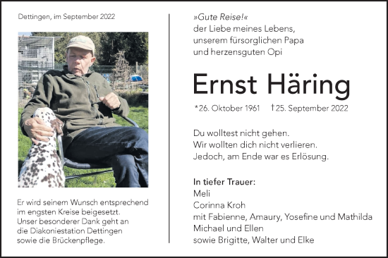 Traueranzeige von Ernst Häring von Metzinger-Uracher Volksblatt