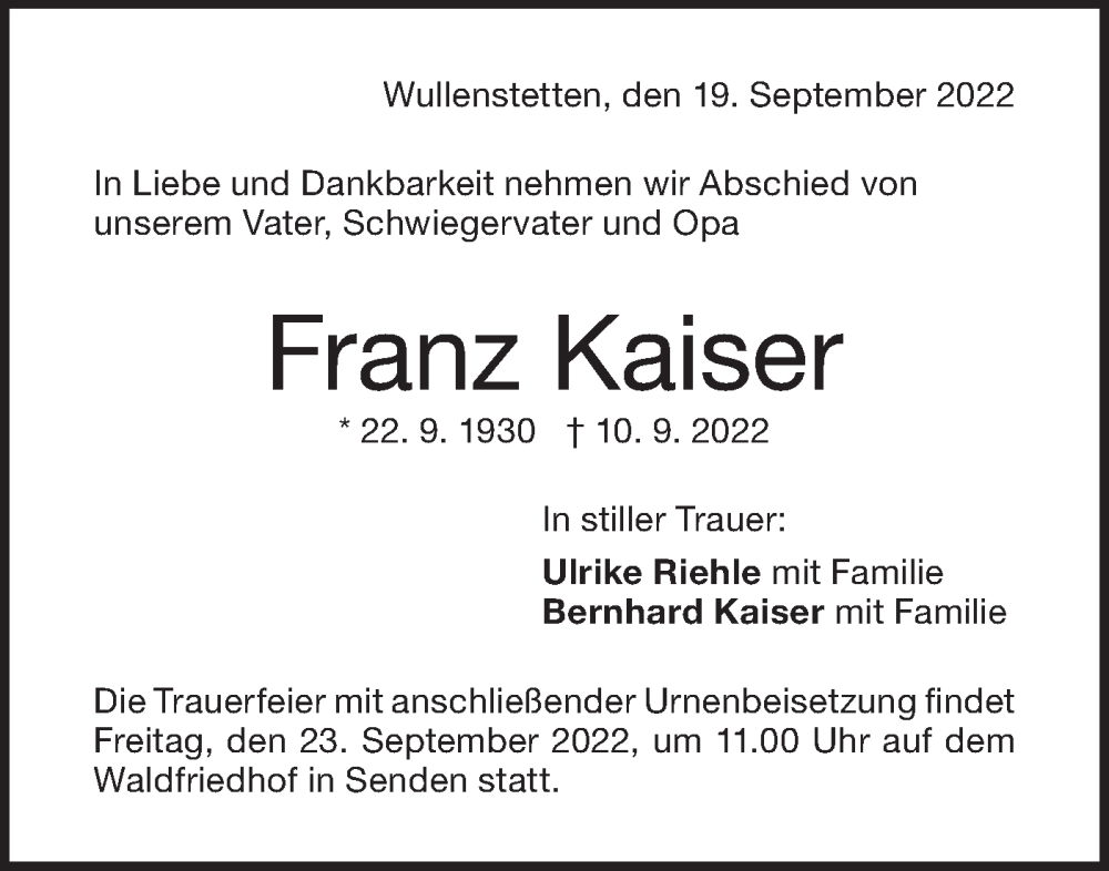  Traueranzeige für Franz Kaiser vom 19.09.2022 aus SÜDWEST PRESSE Ausgabe Ulm/Neu-Ulm