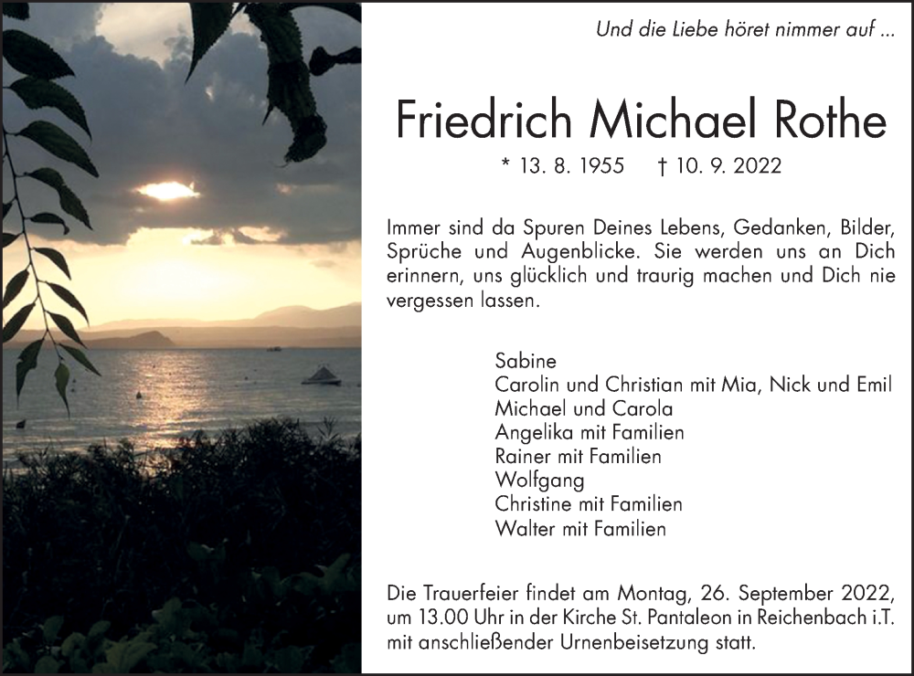  Traueranzeige für Friedrich Michael Rothe vom 22.09.2022 aus NWZ Neue Württembergische Zeitung/Geislinger Zeitung