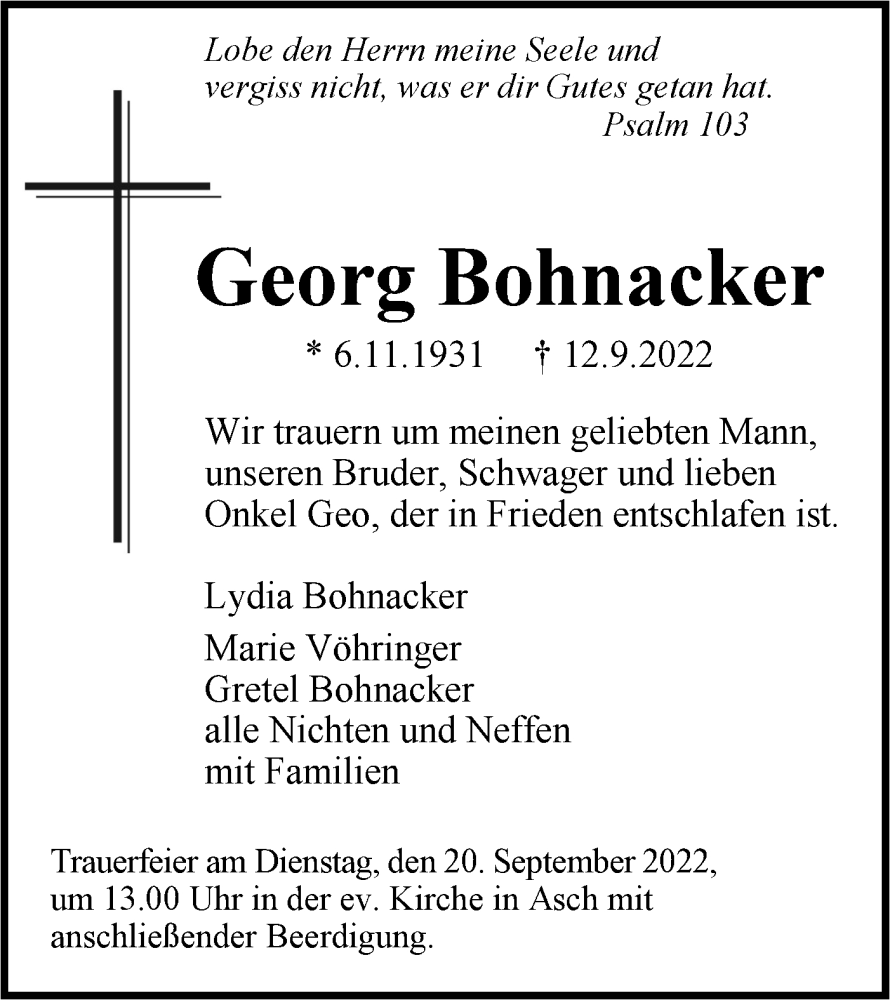  Traueranzeige für Georg Bohnacker vom 17.09.2022 aus SÜDWEST PRESSE Ausgabe Ulm/Neu-Ulm