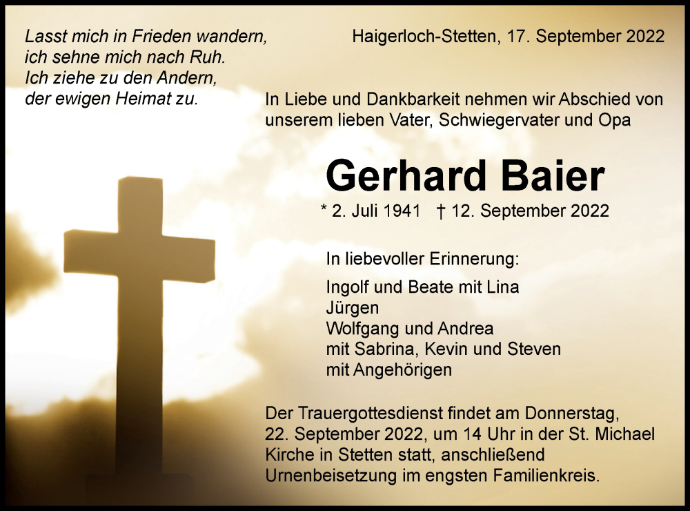  Traueranzeige für Gerhard Baier vom 17.09.2022 aus Metzinger-Uracher Volksblatt