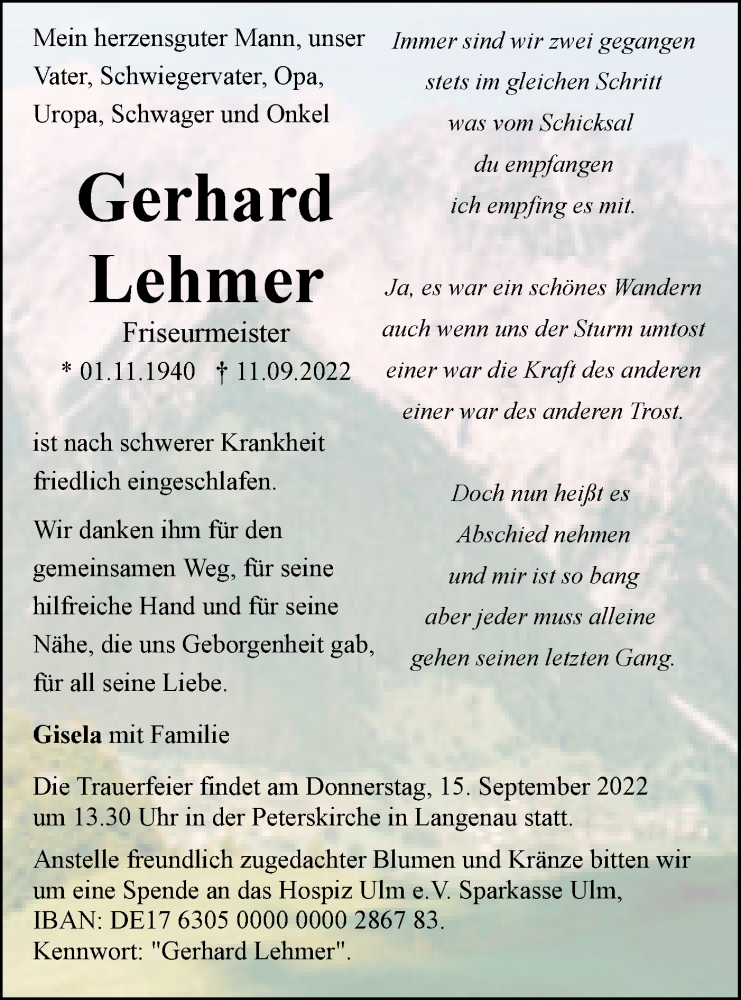  Traueranzeige für Gerhard Lehmer vom 14.09.2022 aus SÜDWEST PRESSE Ausgabe Ulm/Neu-Ulm