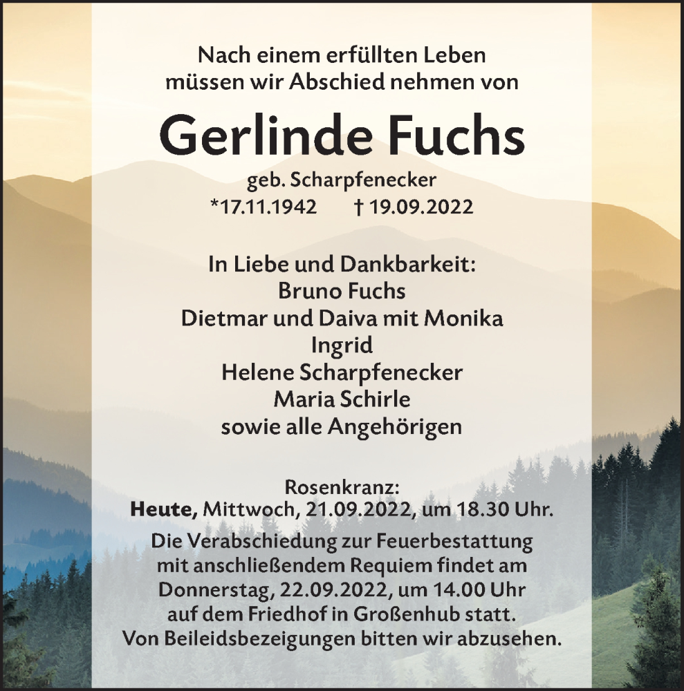  Traueranzeige für Gerlinde Fuchs vom 21.09.2022 aus Hohenloher Tagblatt