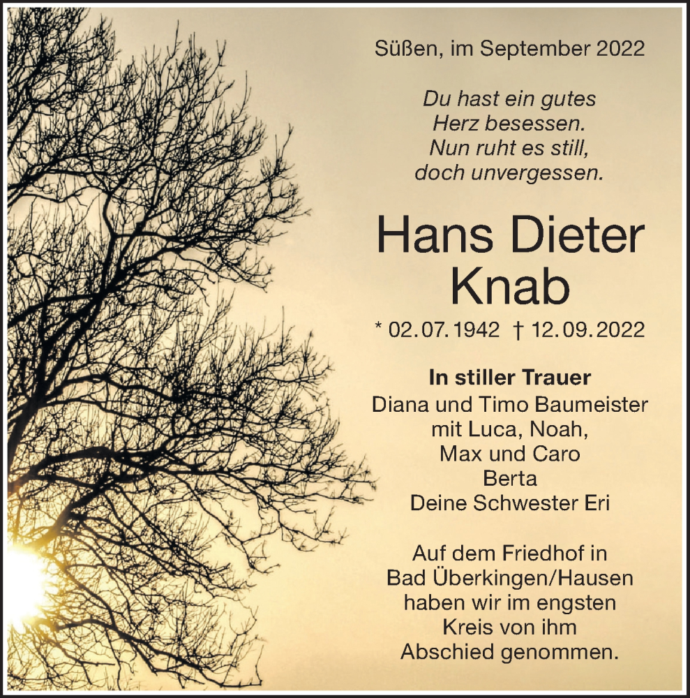  Traueranzeige für Hans Dieter Knab vom 23.09.2022 aus NWZ Neue Württembergische Zeitung