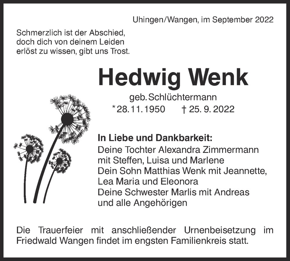  Traueranzeige für Hedwig Wenk vom 01.10.2022 aus NWZ Neue Württembergische Zeitung