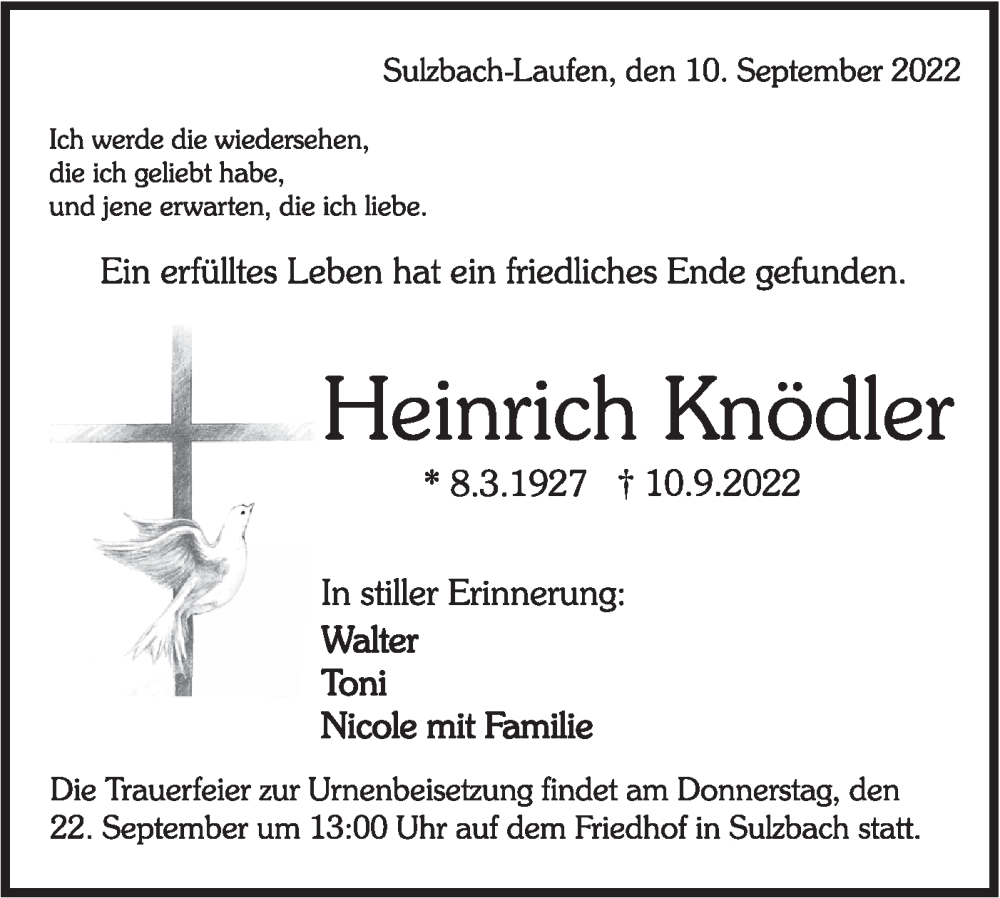  Traueranzeige für Heinrich Knödler vom 17.09.2022 aus Rundschau Gaildorf