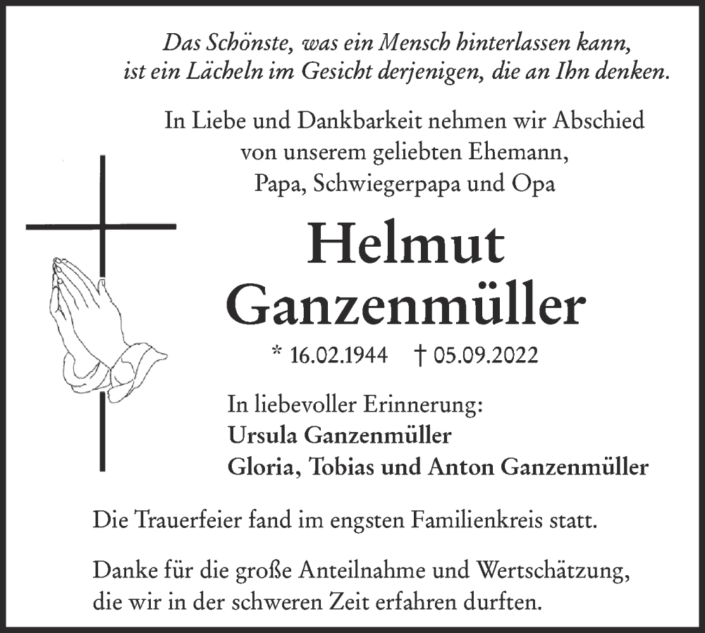  Traueranzeige für Helmut Ganzenmüller vom 01.10.2022 aus SÜDWEST PRESSE Ausgabe Ulm/Neu-Ulm