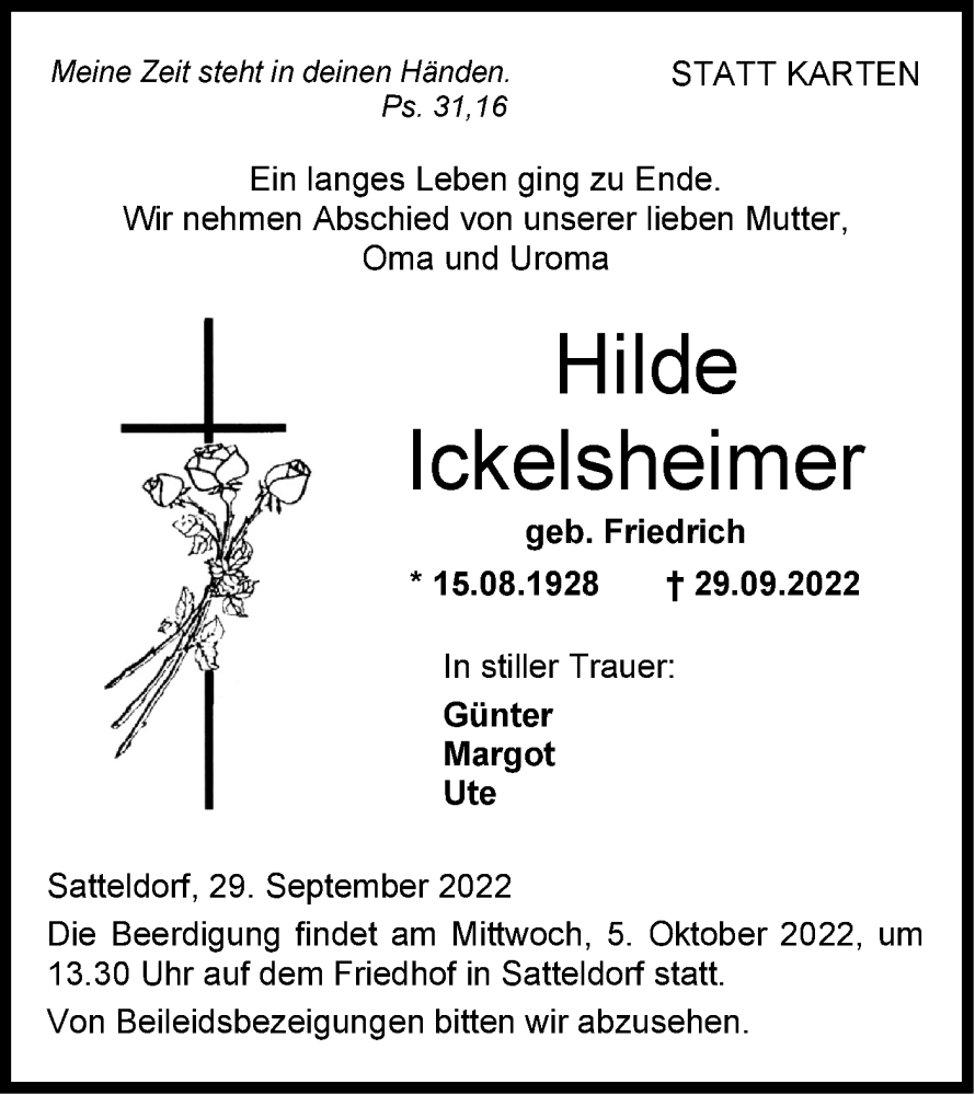  Traueranzeige für Hilde Ickelsheimer vom 01.10.2022 aus Hohenloher Tagblatt
