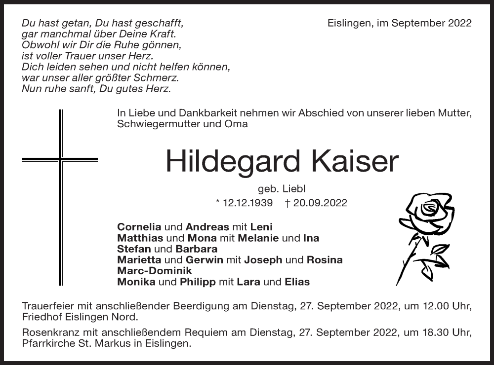  Traueranzeige für Hildegard Kaiser vom 22.09.2022 aus NWZ Neue Württembergische Zeitung