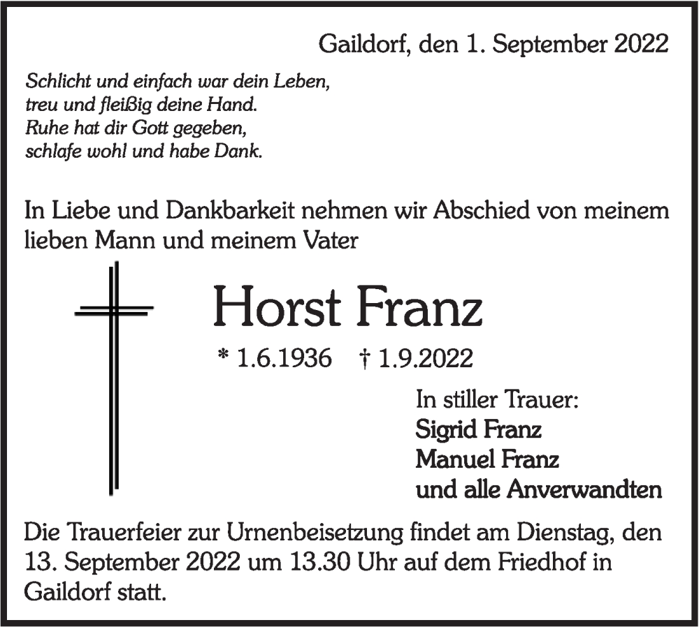  Traueranzeige für Horst Franz vom 08.09.2022 aus Rundschau Gaildorf