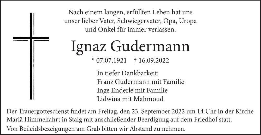  Traueranzeige für Ignaz Gudermann vom 21.09.2022 aus SÜDWEST PRESSE Ausgabe Ulm/Neu-Ulm