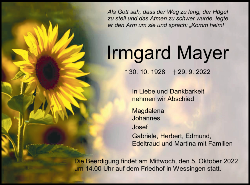  Traueranzeige für Irmgard Mayer vom 01.10.2022 aus Metzinger-Uracher Volksblatt