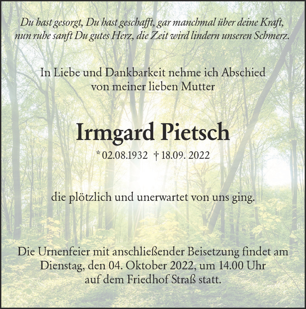  Traueranzeige für Irmgard Pietsch vom 01.10.2022 aus SÜDWEST PRESSE Ausgabe Ulm/Neu-Ulm