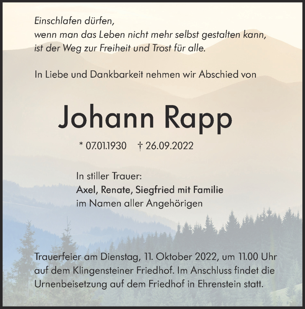  Traueranzeige für Johann Rapp vom 01.10.2022 aus SÜDWEST PRESSE Ausgabe Ulm/Neu-Ulm
