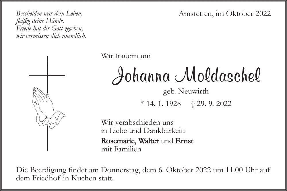  Traueranzeige für Johanna Moldaschel vom 01.10.2022 aus Geislinger Zeitung