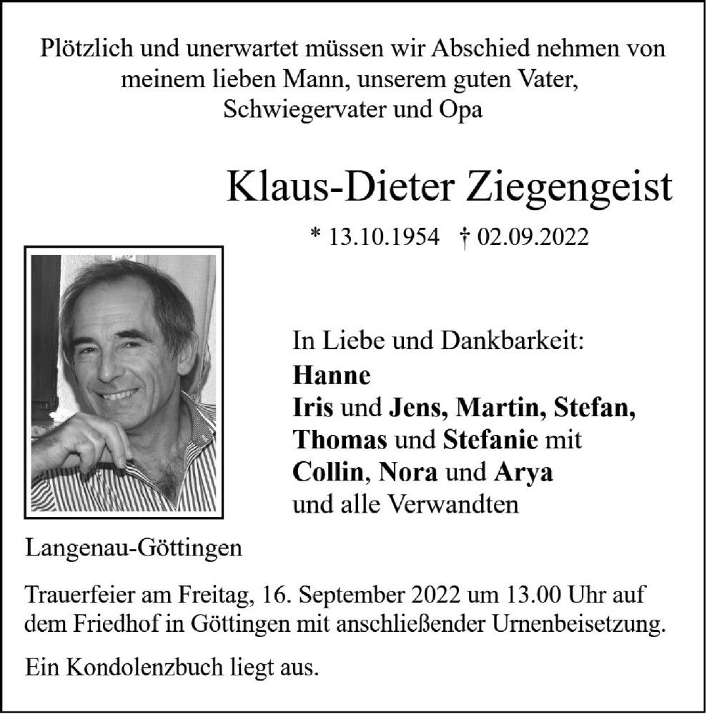  Traueranzeige für Klaus-Dieter Ziegengeist vom 12.09.2022 aus SÜDWEST PRESSE Ausgabe Ulm/Neu-Ulm