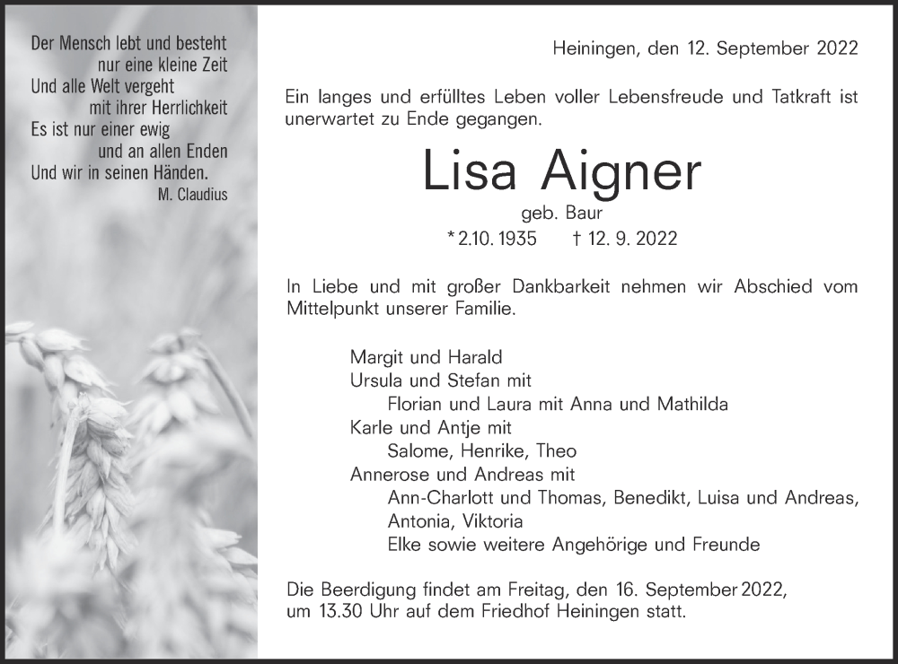  Traueranzeige für Lisa Aigner vom 14.09.2022 aus NWZ Neue Württembergische Zeitung