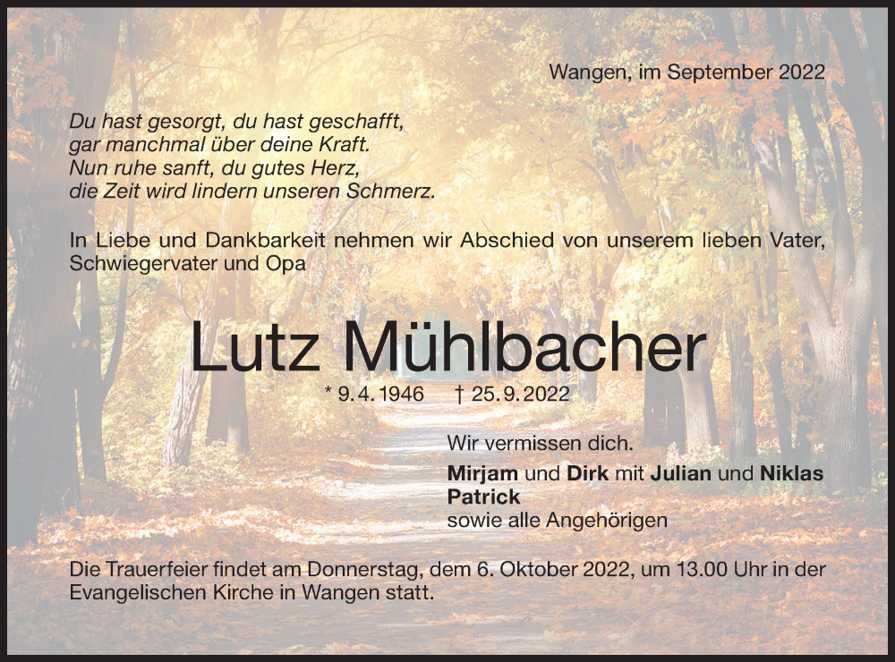  Traueranzeige für Lutz Mühlbacher vom 01.10.2022 aus NWZ Neue Württembergische Zeitung