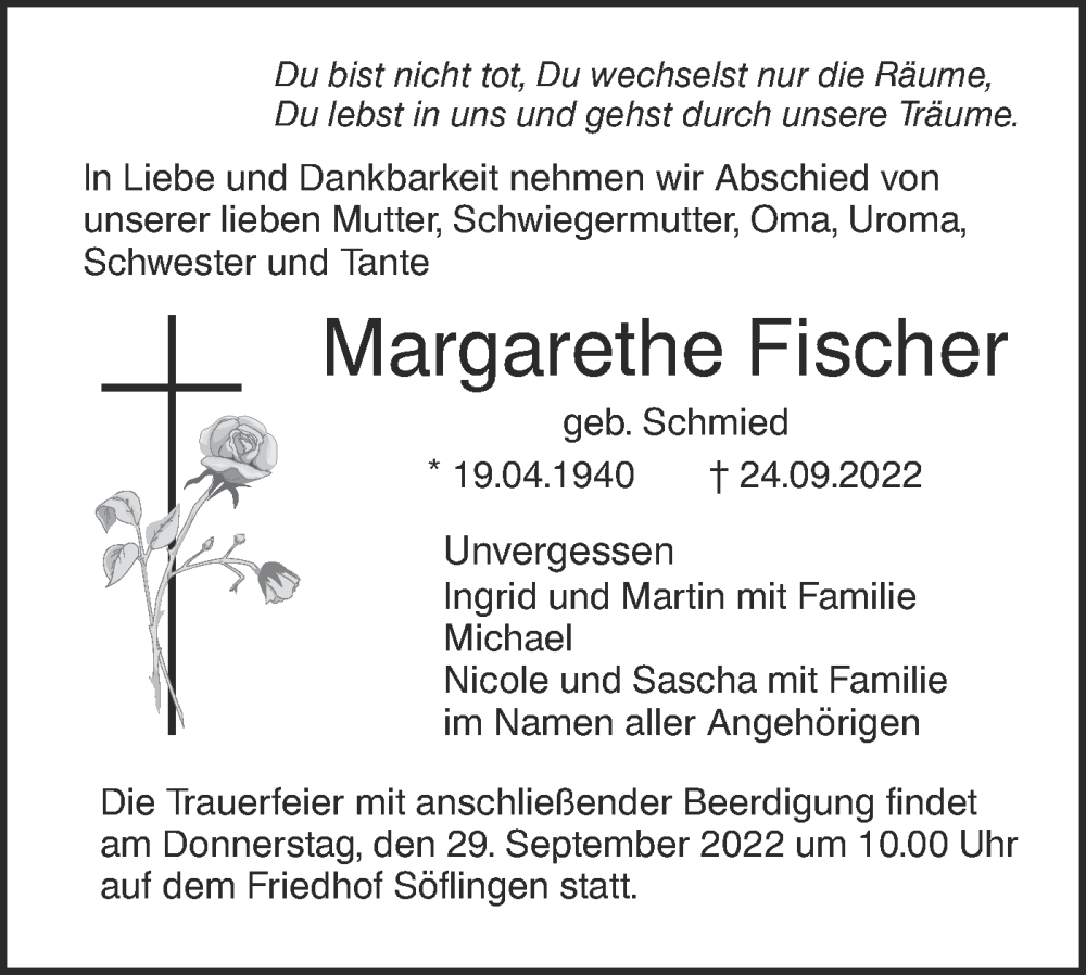  Traueranzeige für Margarethe Fischer vom 28.09.2022 aus SÜDWEST PRESSE Ausgabe Ulm/Neu-Ulm