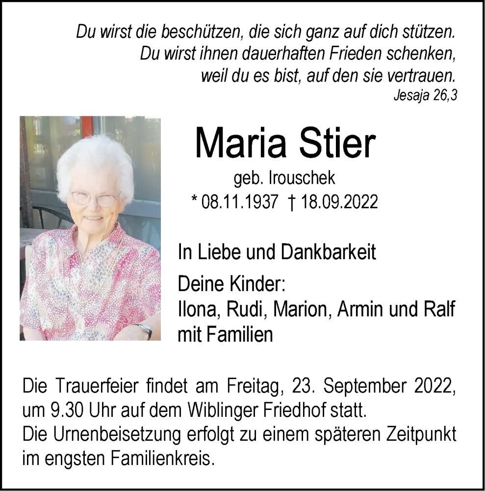  Traueranzeige für Maria Stier vom 21.09.2022 aus SÜDWEST PRESSE Ausgabe Ulm/Neu-Ulm