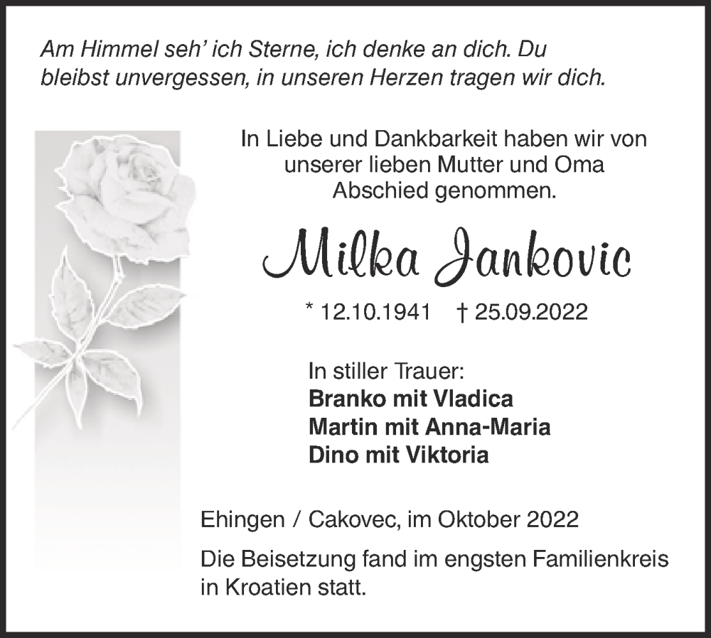  Traueranzeige für Milka Jankovic vom 01.10.2022 aus Ehinger Tagblatt