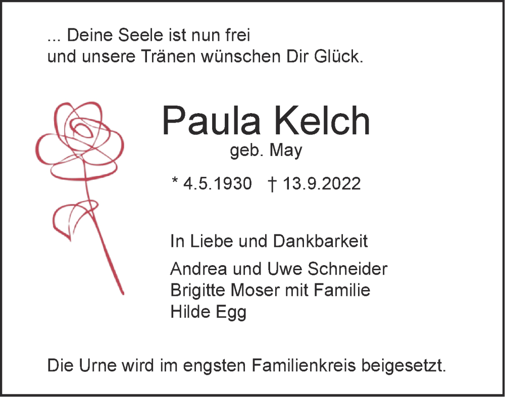  Traueranzeige für Paula Kelch vom 23.09.2022 aus SÜDWEST PRESSE Ausgabe Ulm/Neu-Ulm