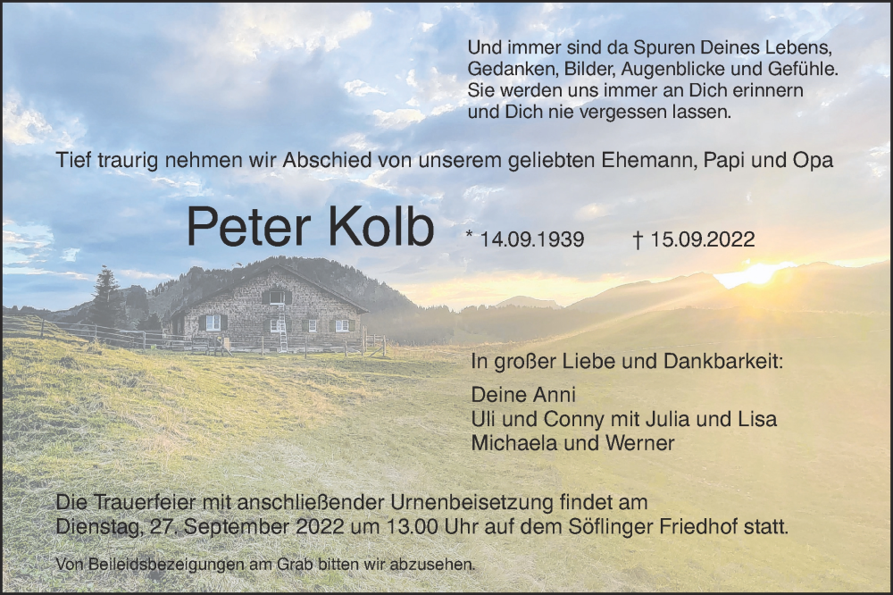  Traueranzeige für Peter Kolb vom 17.09.2022 aus SÜDWEST PRESSE Ausgabe Ulm/Neu-Ulm