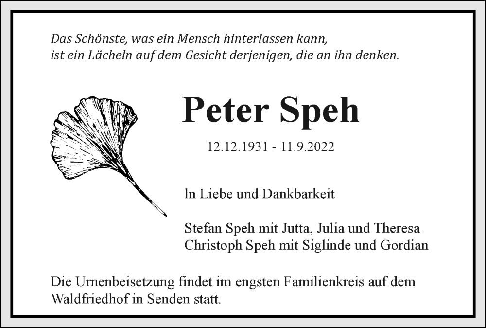  Traueranzeige für Peter Speh vom 16.09.2022 aus SÜDWEST PRESSE Ausgabe Ulm/Neu-Ulm
