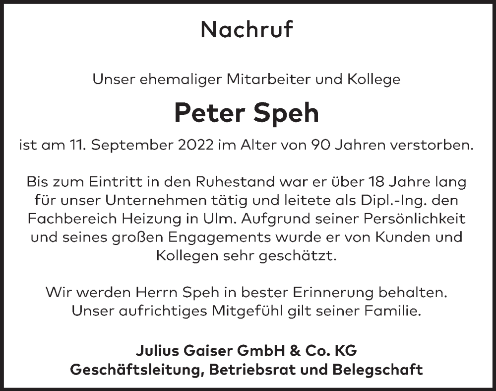  Traueranzeige für Peter Speh vom 17.09.2022 aus SÜDWEST PRESSE Ausgabe Ulm/Neu-Ulm