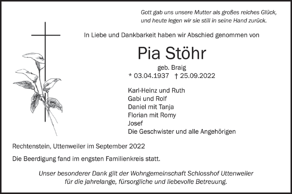  Traueranzeige für Pia Stöhr vom 01.10.2022 aus Ehinger Tagblatt