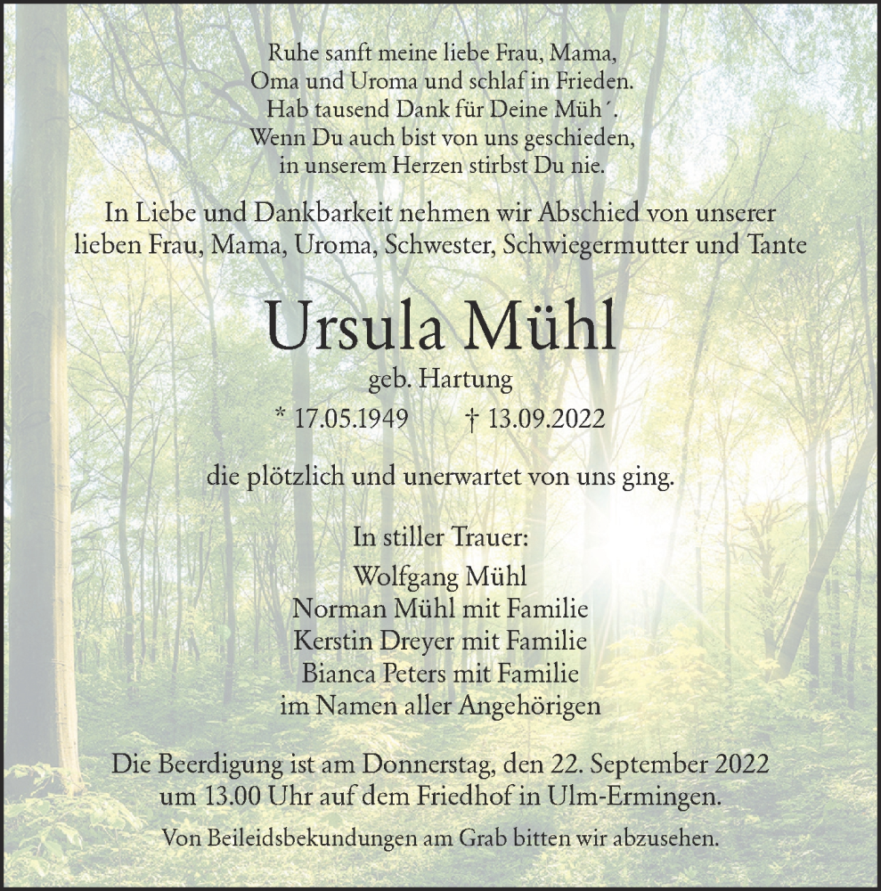  Traueranzeige für Ursula Mühl vom 17.09.2022 aus SÜDWEST PRESSE Ausgabe Ulm/Neu-Ulm