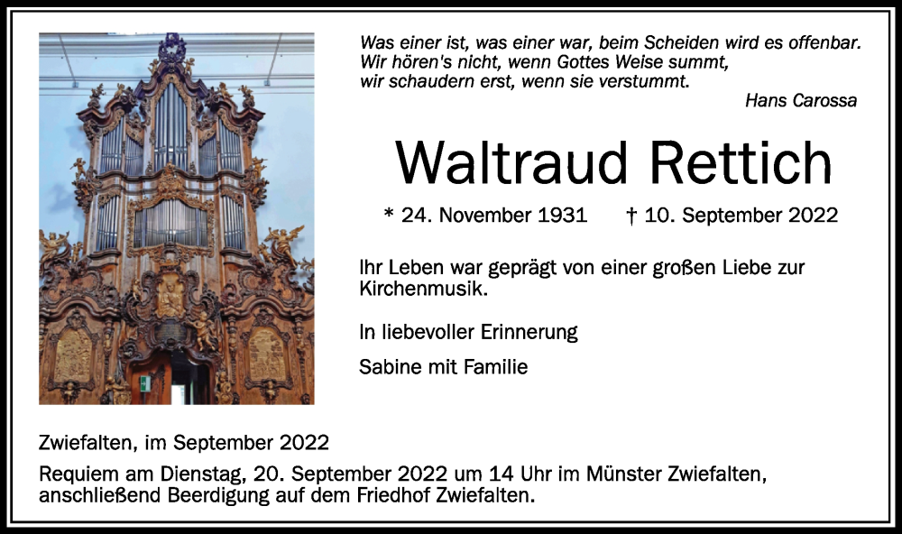  Traueranzeige für Waltraud Rettich vom 17.09.2022 aus Alb-Bote/Metzinger-Uracher Volksblatt